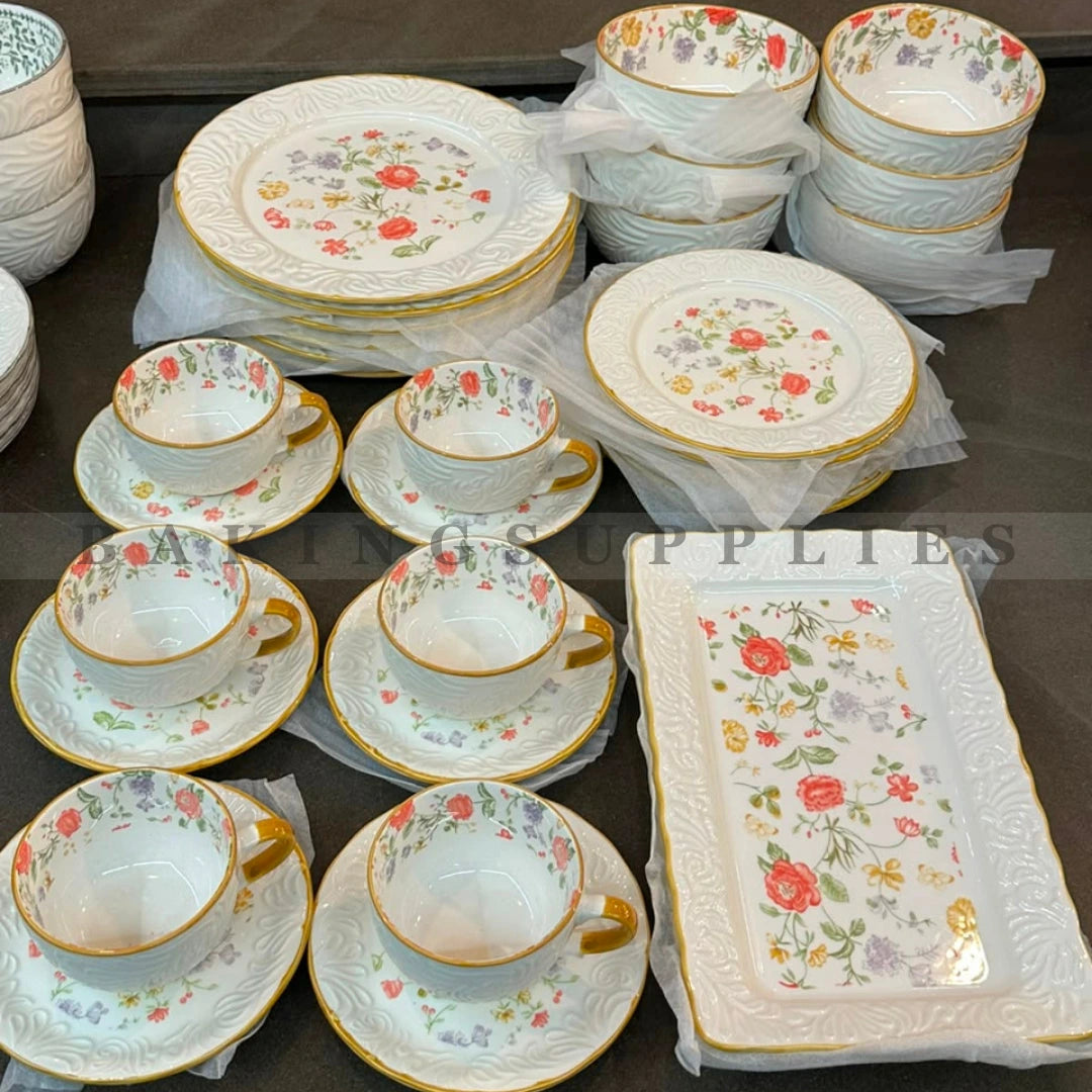 Multicolor Floral Embossed Ceramic Breakfast Set 32 Pieces