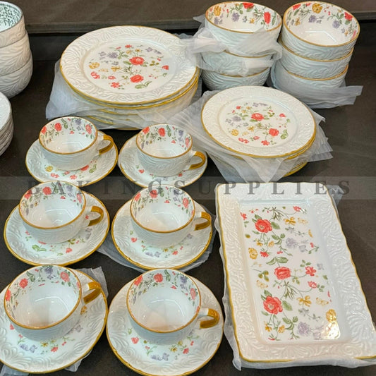 Multicolor Floral Embossed Ceramic Breakfast Set 32 Pieces