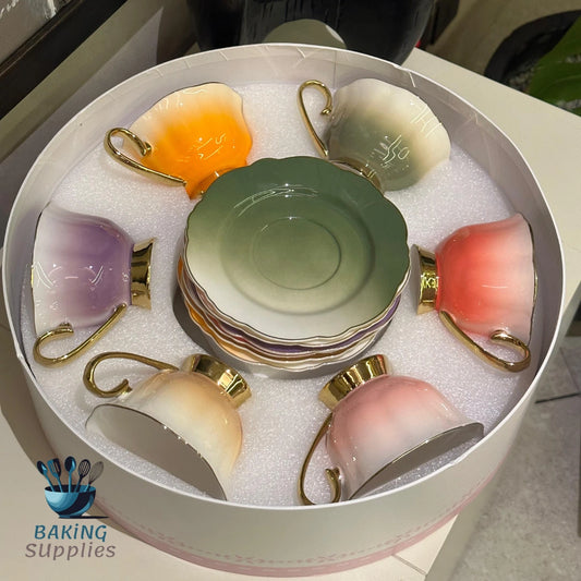 Multicolor Ceramic Cup & Saucer Set – 6 Pieces with Gift Box