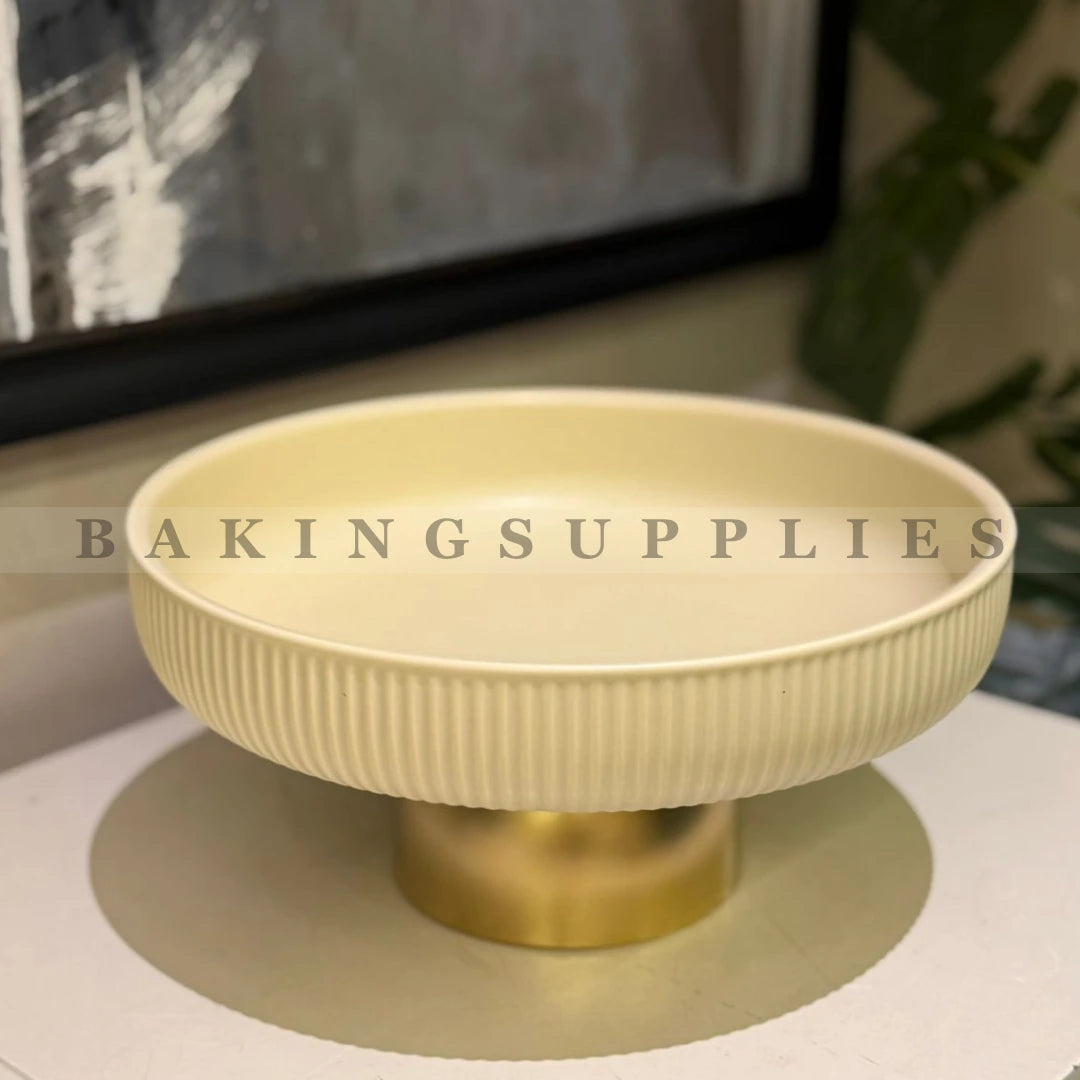 Off-White Ribbed Pedestal Serving Platter with Gold Stand