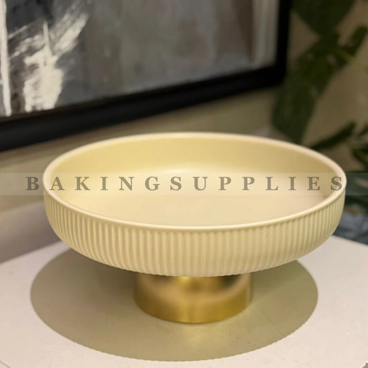 Off-White Ribbed Pedestal Serving Platter with Gold Stand