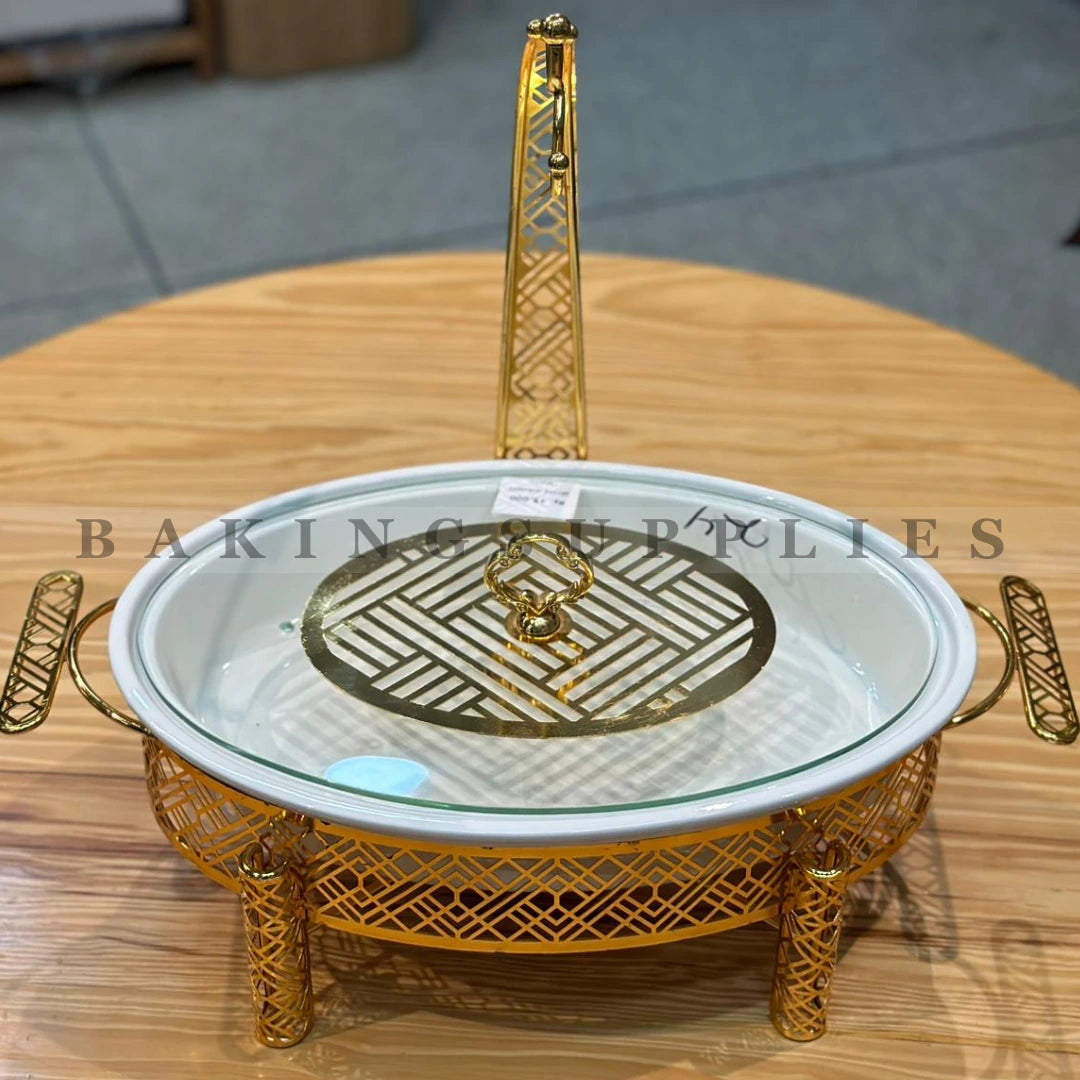 Luxury Gold Chafing Dish with Metal Stand, Glass Lid & Ceramic Serving Bowl