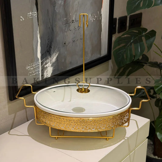 Oval Buffet Dish with Gold Stand, White Ceramic Insert & Glass Lid