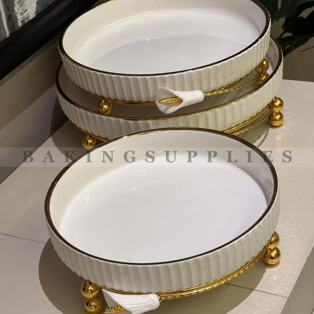 Luxury Oval Ceramic Serving Platter with Gold Stand & Floral Accent