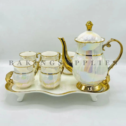 Pearl Aurora Gold Trim Porcelain Tea Set 9 Pieces with Tray