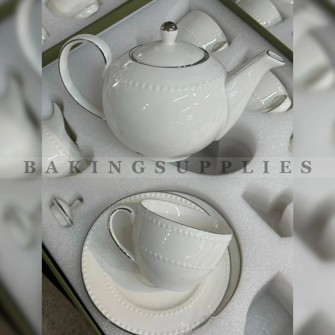 Pearl Elegance 15-Piece White Porcelain Tea Set with Silver Rim