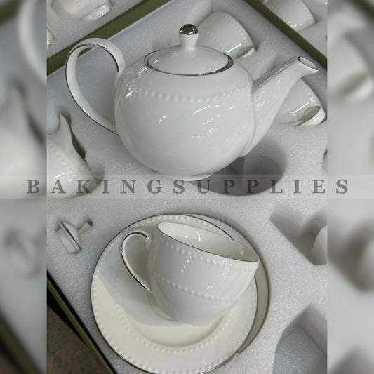 Pearl Elegance 15-Piece White Porcelain Tea Set with Silver Rim