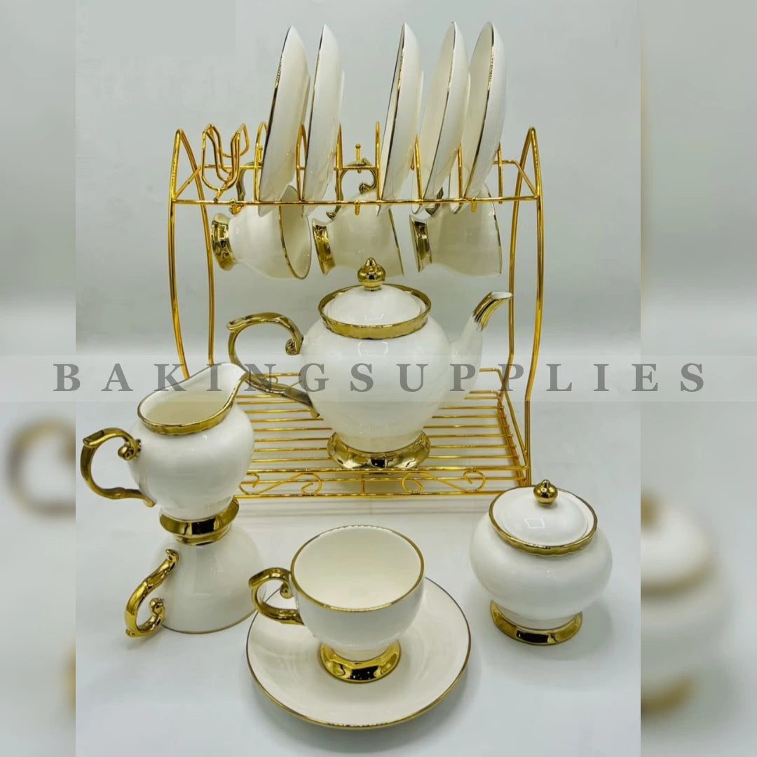 Pearl Gold Heritage 18-Piece Ceramic Tea Set with Display Rack