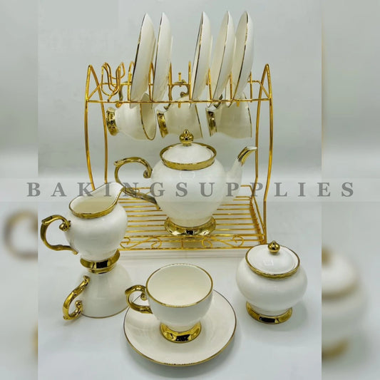 Pearl Gold Heritage 18-Piece Ceramic Tea Set with Display Rack
