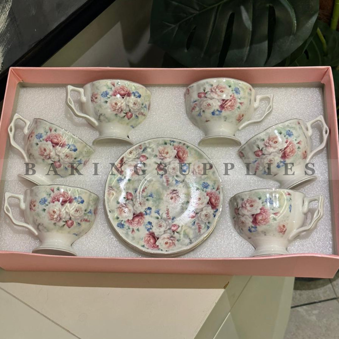 Floral Ceramic Cups & Saucers 7-Piece Set