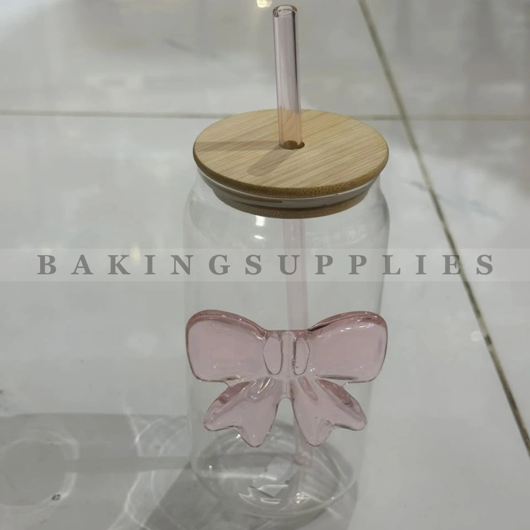 Pink Bow Glass with Straw & Bamboo Lid