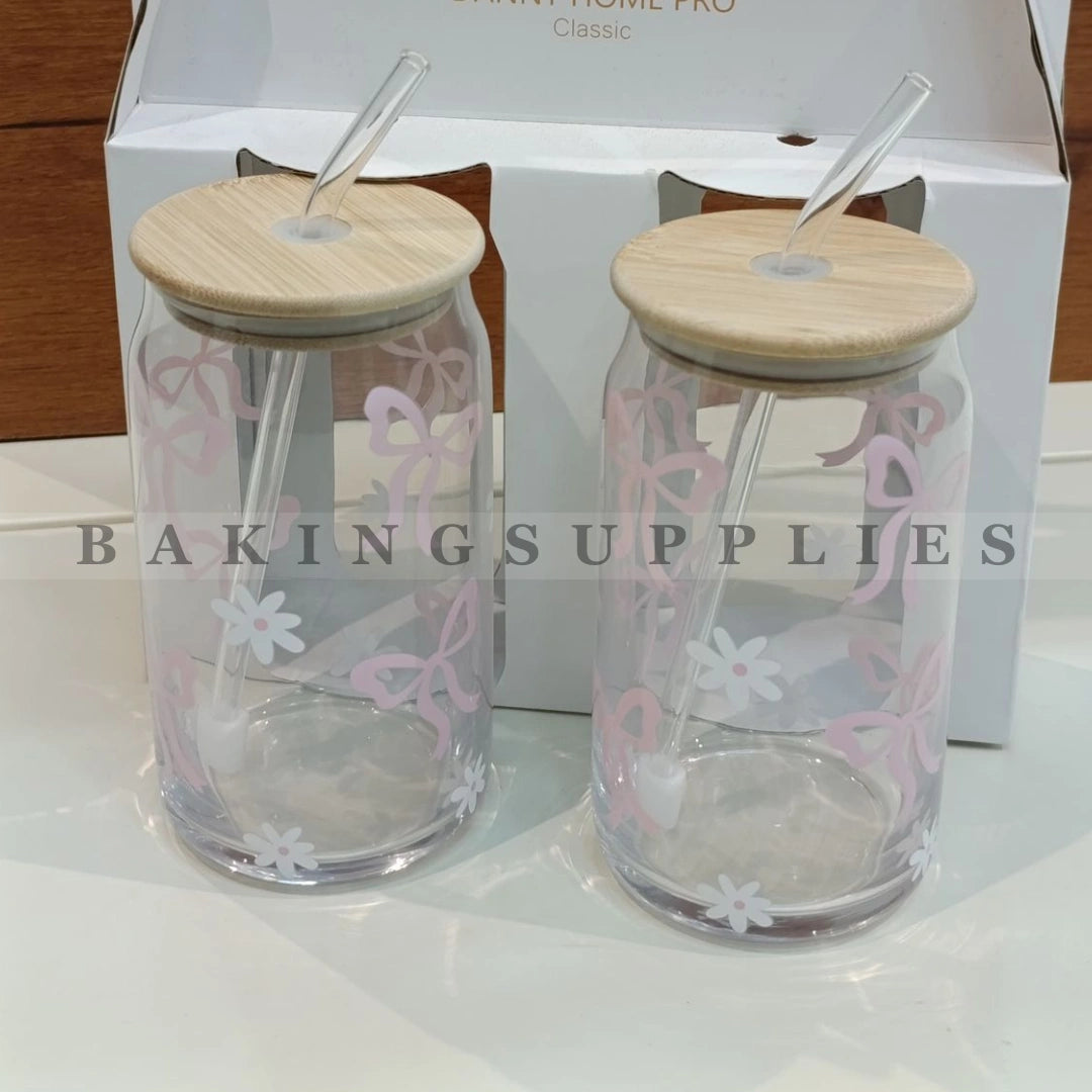 Set of 2 Canned Glass Cups 510ml | Bamboo Lid & Glass Straw