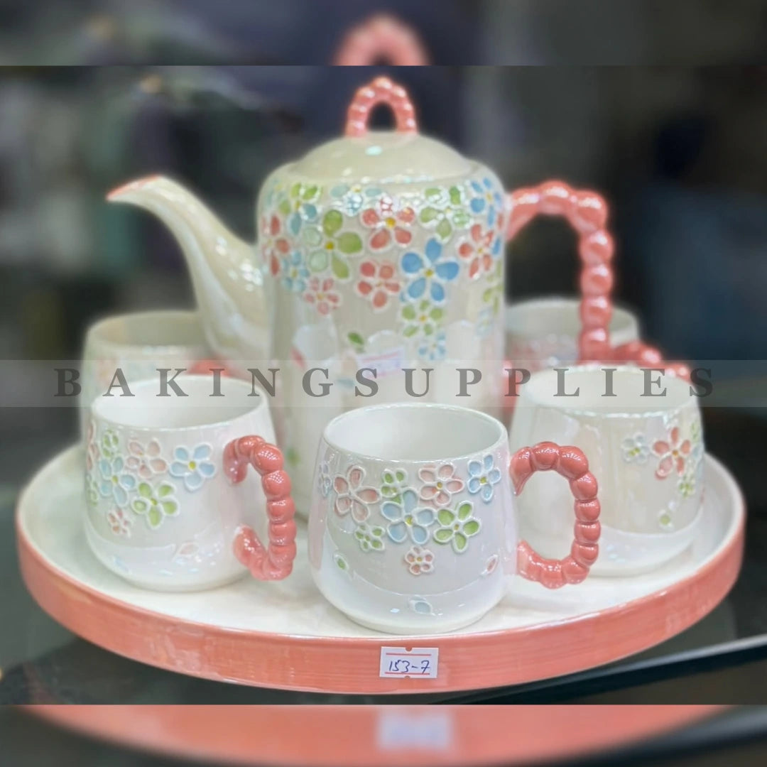 Pink Multicolor Floral Ceramic Tea Set 8 Pieces