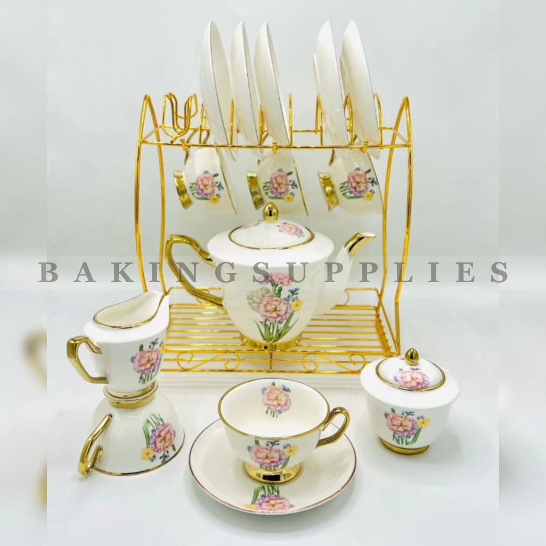 Pink Peony Gold Trim Floral Porcelain 18 Piece Tea Set with Metal Rack