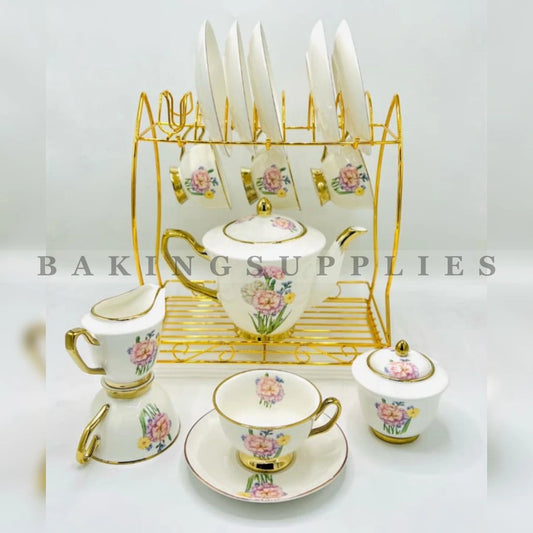 Pink Peony Gold Trim Floral Porcelain 18 Piece Tea Set with Metal Rack
