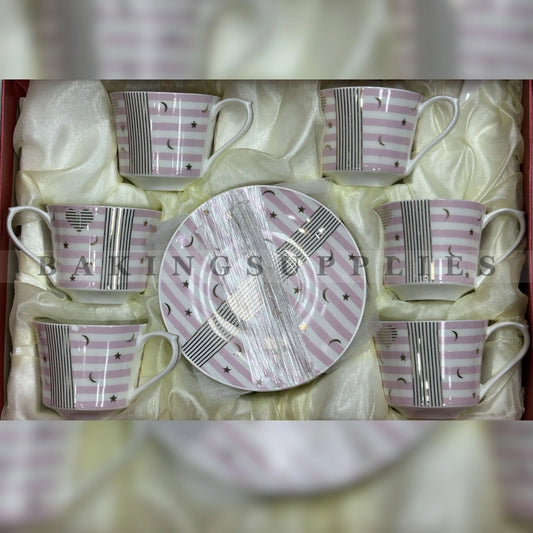 Pink Stripe Moon Star Porcelain Cup & Saucer Set of 6