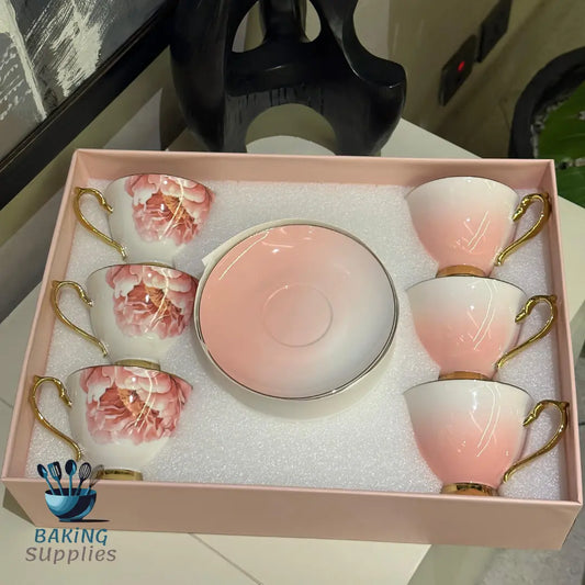 Pink Ombre Cup & Saucer Set – 6 Pieces, Gift-Boxed