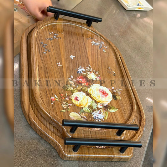 Premium 2-Piece Wooden Serving Tray Set with Metal Handles