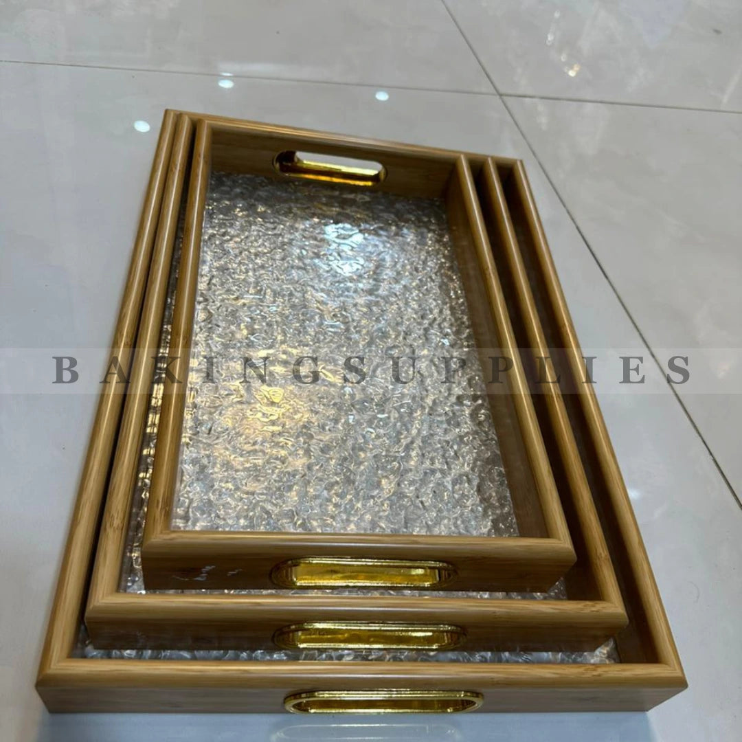 Premium Acrylic 3-Piece Serving Tray Set with Gold Handles