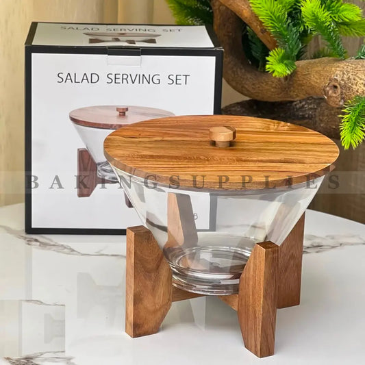 Premium Glass Salad Serving Bowl with Wooden Lid & Stand