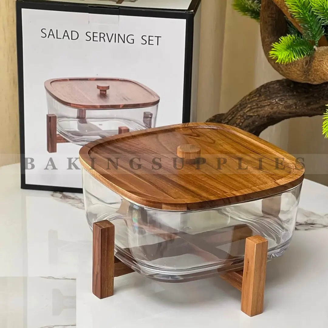 Premium Glass Salad Serving Bowl with Wooden Lid & Stand