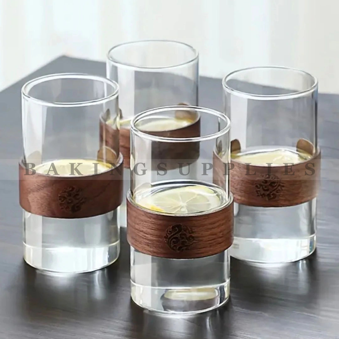 Premium Glass Tumbler Set of 6 with Wooden Grip
