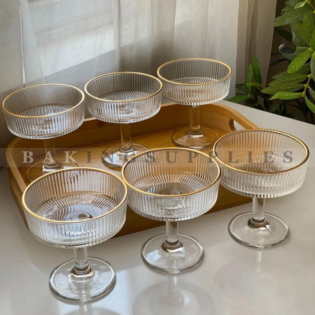 Premium Ribbed Glass Dessert Bowls Set of 6 with Gold Rim