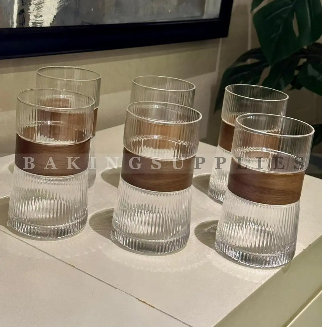 Premium Ribbed Glass Tumbler Set of 6 with Wooden Accent Band