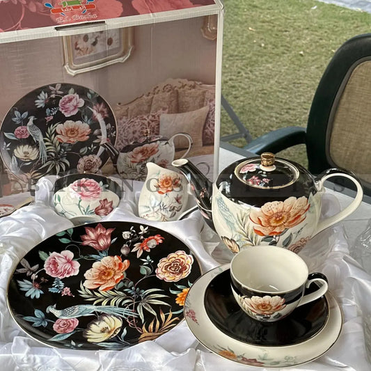 Printed Floral Black Tea Set - 24 Pieces (Serves 6)