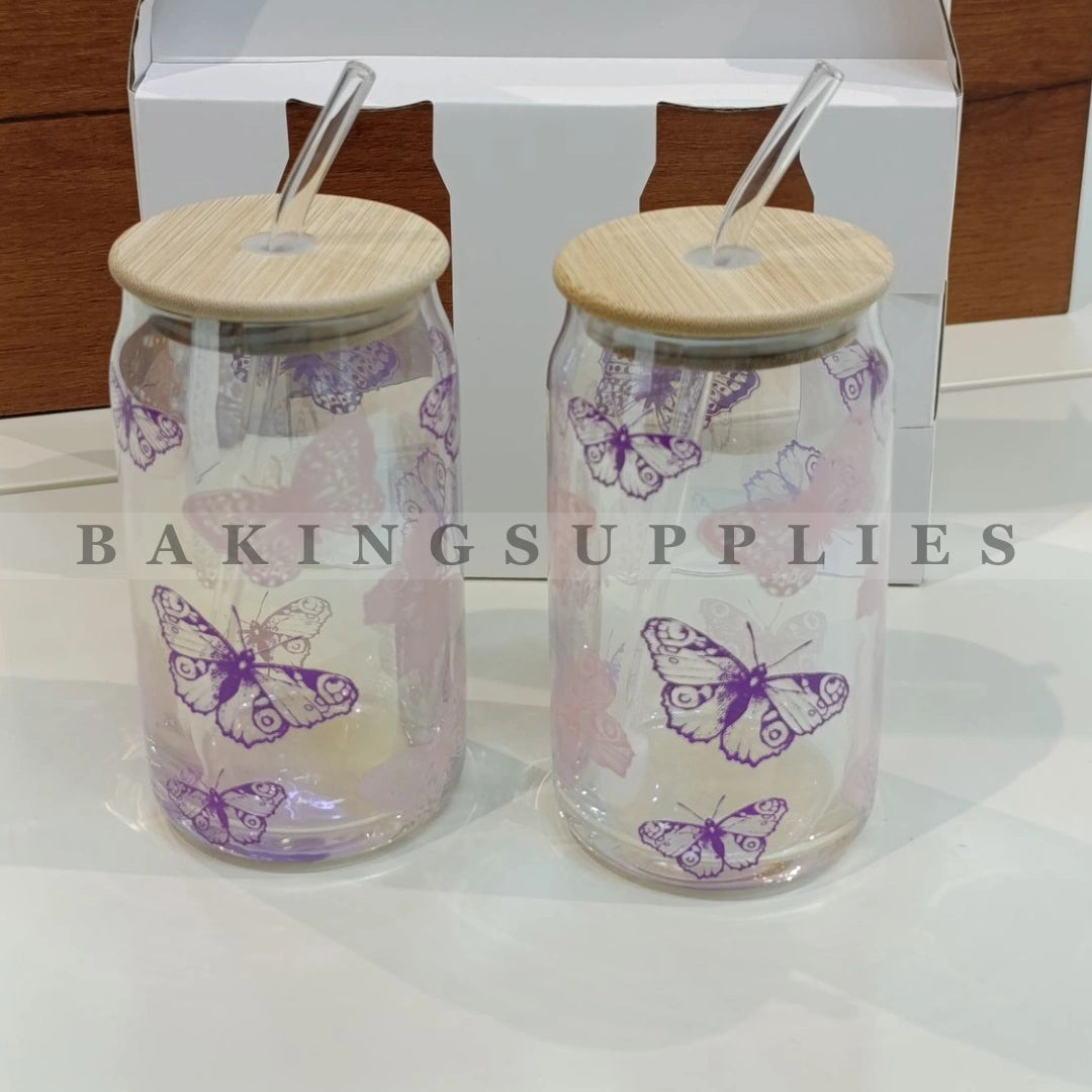 Set of 2 Canned Glass Cups 510ml | Bamboo Lid & Glass Straw