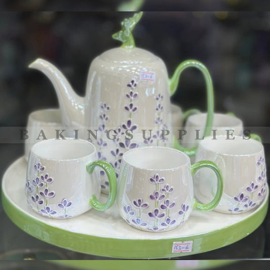 Purple Green Floral Ceramic Tea Set 8 Pieces