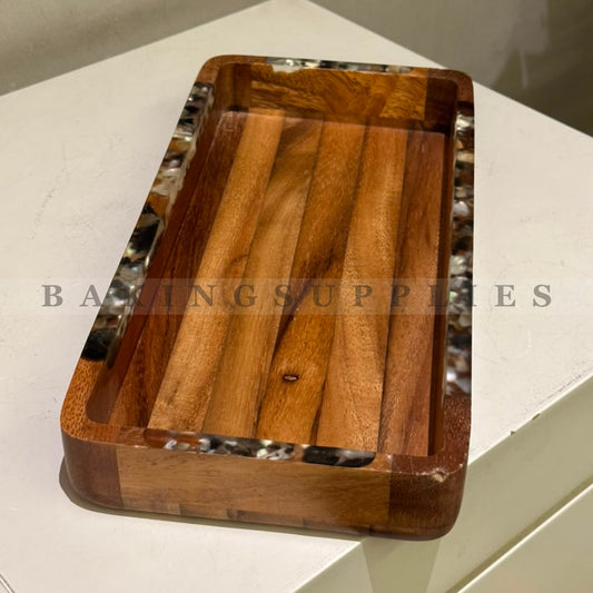 Rectangular Wooden Serving Tray with Decorative Inlay