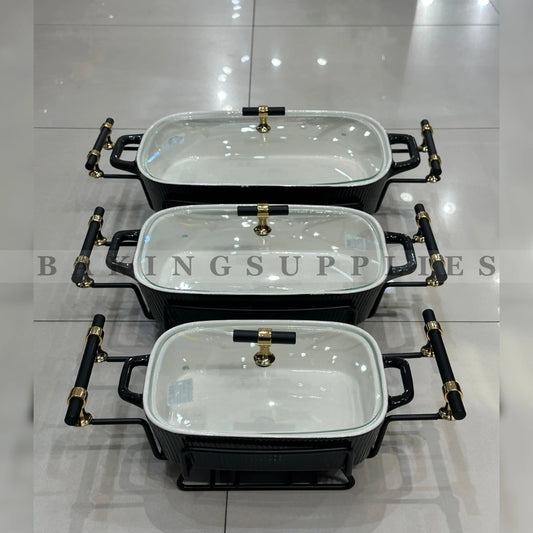 3-Piece Chafing Dish Set with Black Stands & Glass Lids