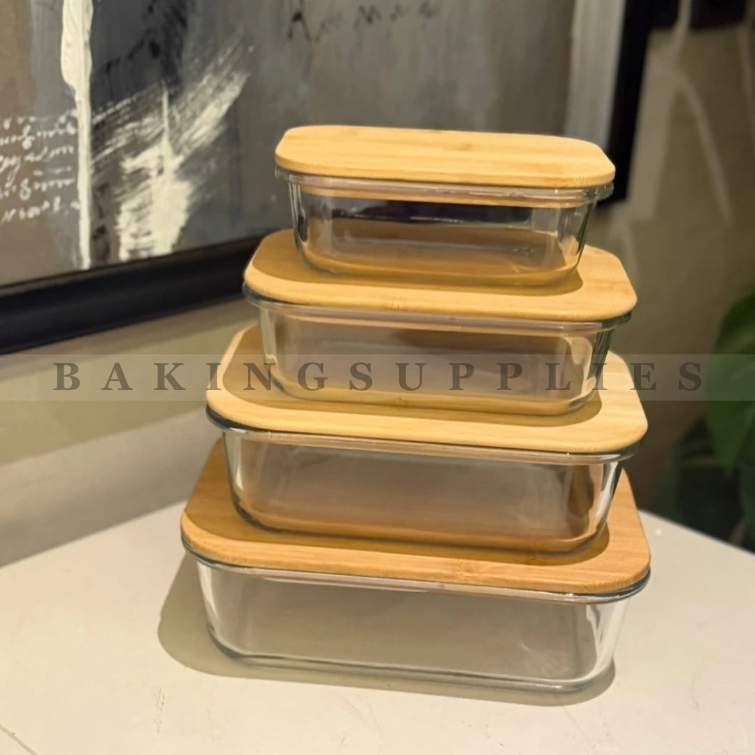 Glass Food Storage Containers with Wooden Lids Set of 4