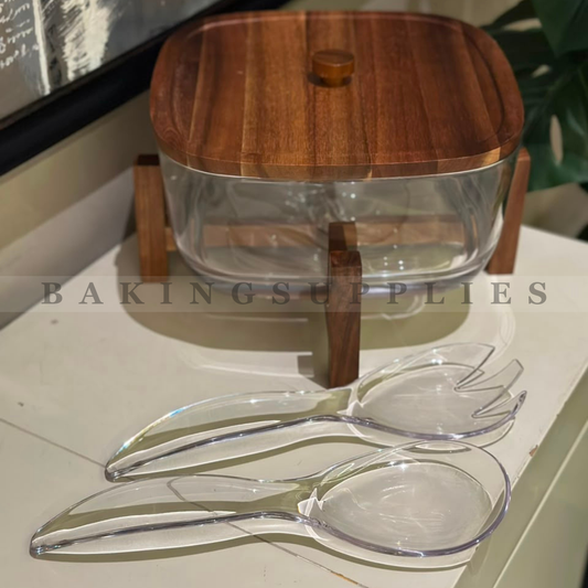 Acrylic Salad Bowl with Wooden Lid & Stand | Premium Serving Bowl