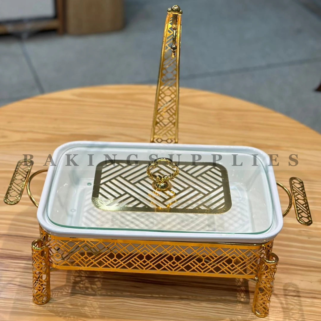 Luxury Gold Chafing Dish with Metal Stand, Glass Lid & Ceramic Serving Bowl