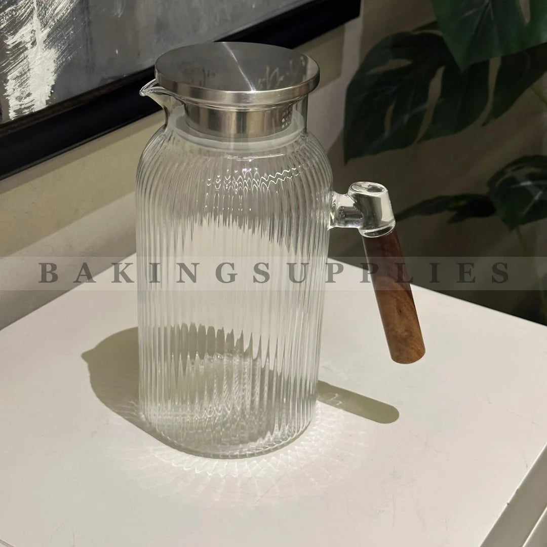 Ribbed Crystal Glass Pitcher with Wooden Handle – Elegant Beverage Jug