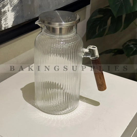 Ribbed Crystal Glass Pitcher with Wooden Handle – Elegant Beverage Jug