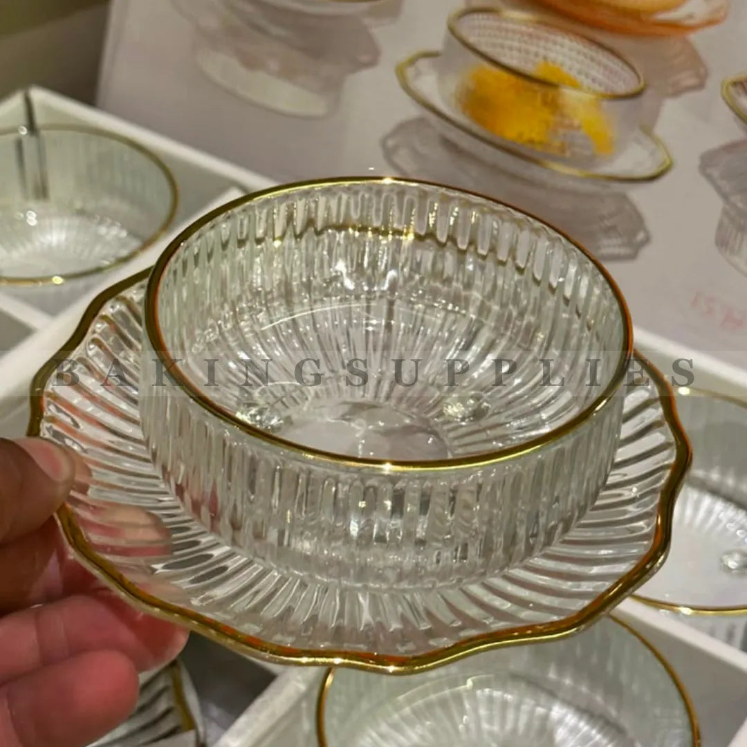 12 Piece Glass Ice Cream Bowl & Saucer Set with Gold Rim