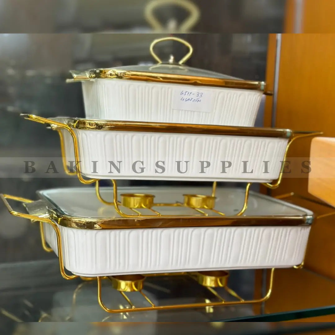 Gold Rim Ceramic Chafing Dish with Glass Lid