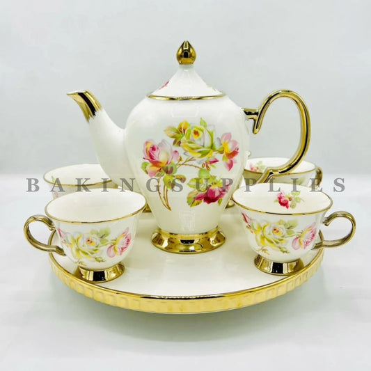 Vintage Rose Gold Accent Porcelain 9 Piece Tea Set with Rotating Tray