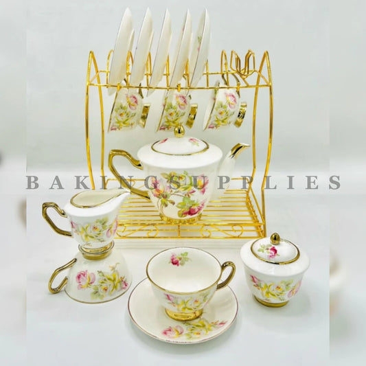 Rose Bloom Gold Trim Floral Porcelain 18 Piece Tea Set with Metal Rack