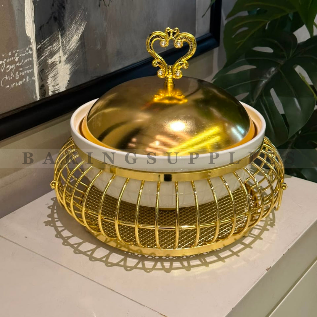 Luxury Round Deep Chafing Dish with Ceramic Insert & Gold Steel Stand