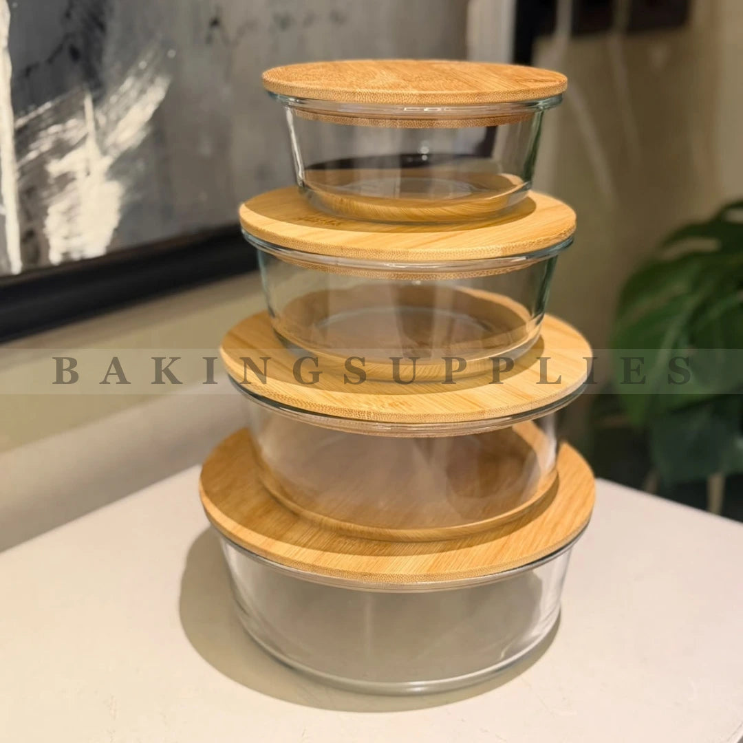 Glass Food Storage Containers with Wooden Lids Set of 4