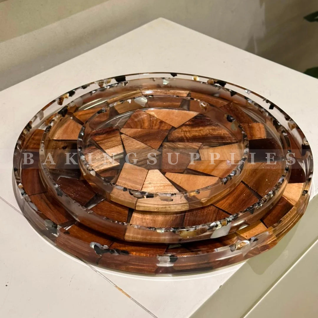 Round Wood Mosaic Decorative Serving Tray