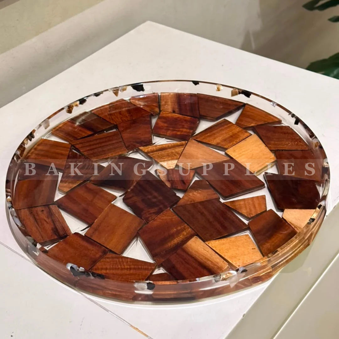 Round Wood Mosaic Decorative Serving Tray