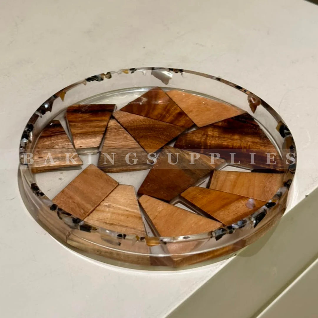 Round Wood Mosaic Decorative Serving Tray