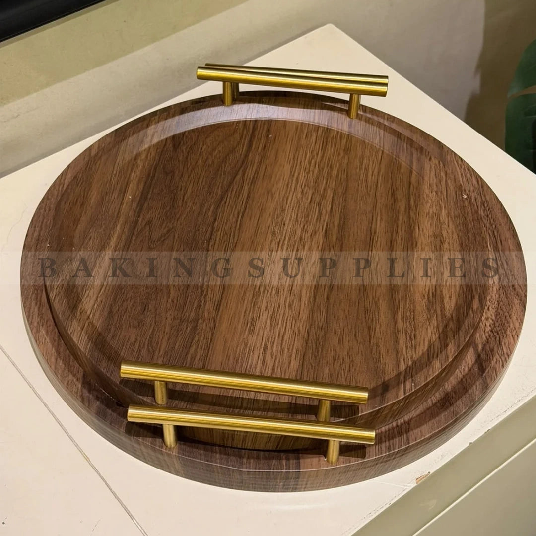 Round Wooden Serving Tray with Gold Handles