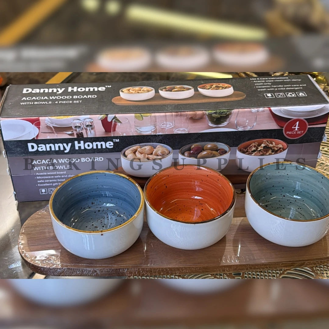 Danny Home Acacia Wood Board with Bowls | 4 Piece Ceramic Serving Set