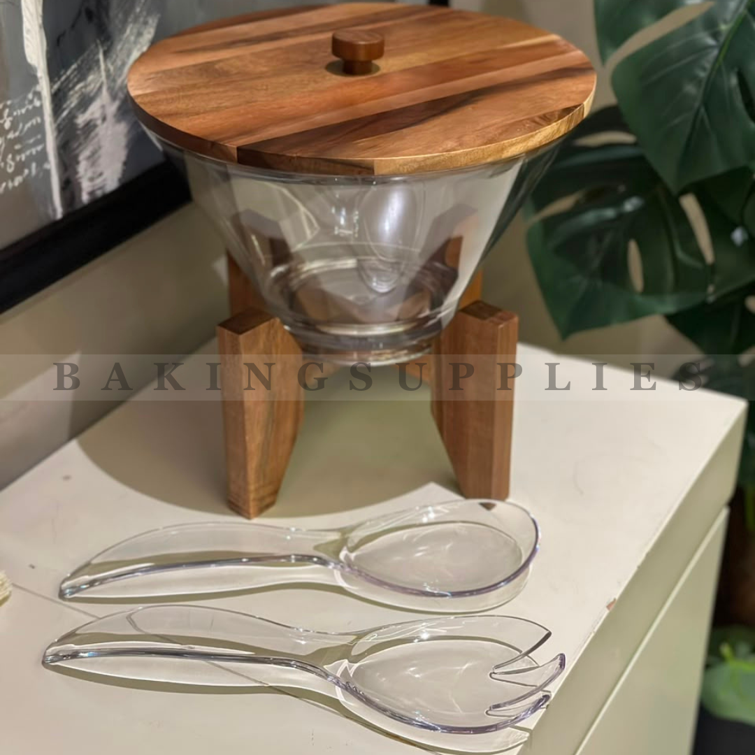 Acrylic Salad Bowl with Wooden Lid & Stand | Premium Serving Bowl